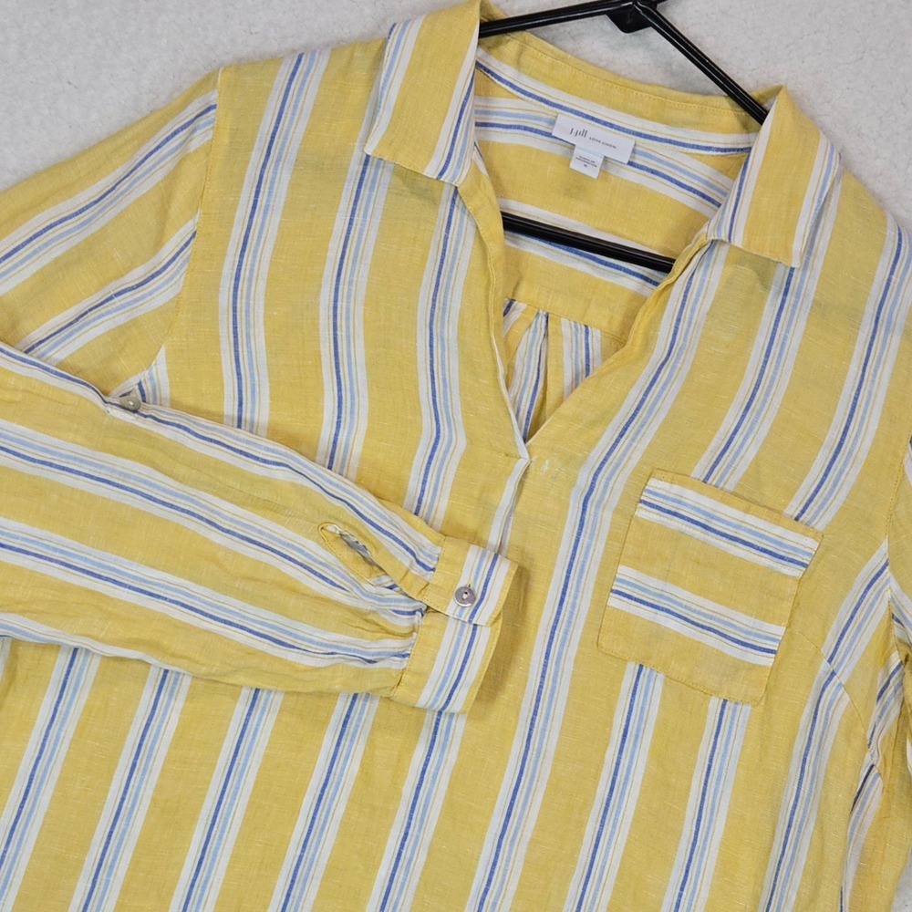 J. Jill Love Linen Tunic M Yellow Blue Stripe Coastal Mediterranean Popover